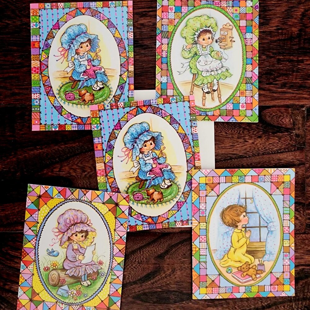 Vintage Calico Kids Stained Glass Assorted Greeting Cards x 5 with Envelopes
